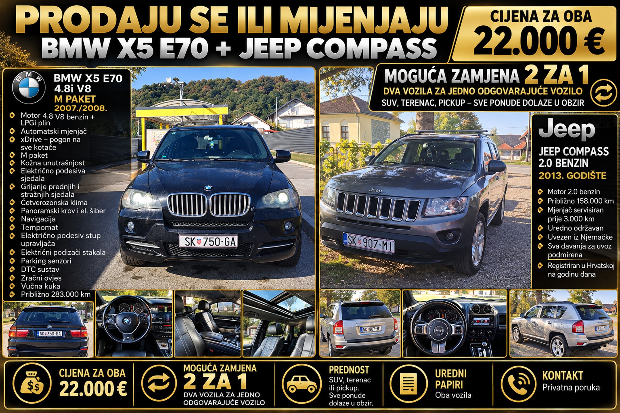 🔥 PRODAJU SE BMW X5 V8 + JEEP COMPASS – OBA ZA 22.000 € 🔥, fotografija 1