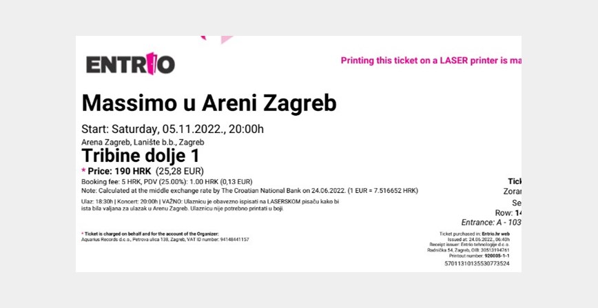 Massimo 2 karte za koncert u Areni Zagreb, 5.11.2022. | INDEX OGLASI